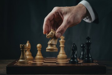 Strategic chess match with a player moving a knight piece during a tense game set on a wooden board