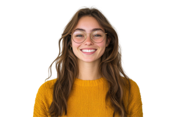 Smiling woman wearing gold glasses and yellow sweater, isolated on transparent background
