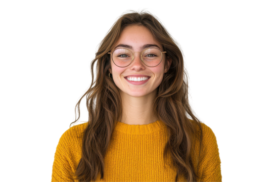 Smiling woman wearing gold glasses and yellow sweater, isolated on transparent background - Powered by Adobe