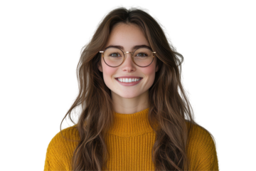 Smiling Woman Wearing Yellow Sweater and Glasses, isolated on transparent background
