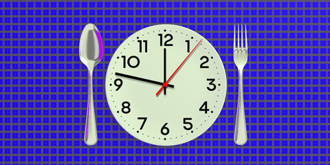 Fork, spoon and clock. Blue patterned background. Meal time metaphor.