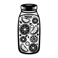 Black and White Bottle Filled with Citrus Fruit Slices, Leaves, and Bubbles Outline