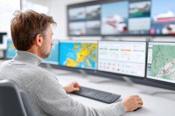 Coast guard officer monitoring maritime traffic using multiple computer screens in control center