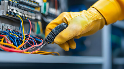 Technician Inspecting Electrical Panel With Tools And Gloves