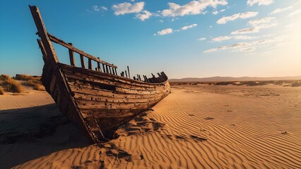 Obraz premium A stranded shipwreck on a sandy beach under a clear sky with soft clouds and distant hills. Concept Shipwreck Scene, Sandy Beach Landscape, Clear Sky Aesthetics, Soft Cloud Details, Distant Hillscape