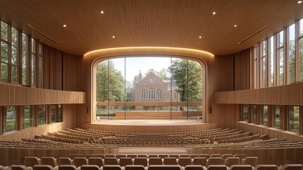 Modern wood concert hall stage view; church backdrop