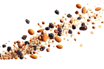 Almonds hazelnuts and raisins falling on black background delicious mix healthy snack isolated on transparent background