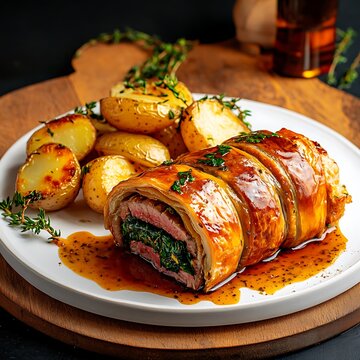 eef Wellington with Spinach and Puff Pastry, Served with Roasted Potatoes