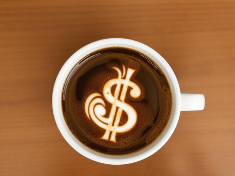 Top view of morning black coffee with dollar symbol money and motivation visual.
