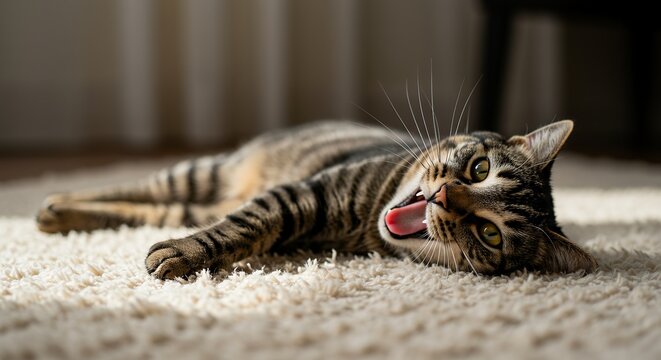 Tabby Cat Yawning While Lying Down on White Rug Indoors - Powered by Adobe