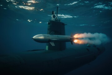Obraz premium Submarine launching missile underwater, showcasing military technology and capabilities in ocean depths
