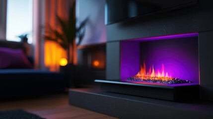 Modern electric fireplace, cozy living room, evening ambiance, relaxation