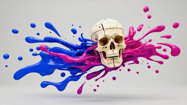  abstract human skull gradually revealed through dynamic, colorful paint splashes,