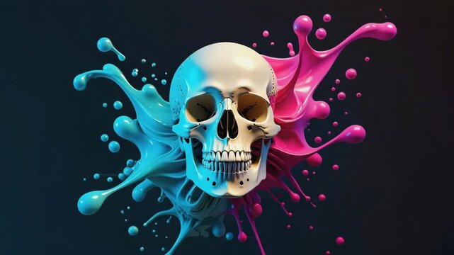  abstract human skull gradually revealed through dynamic, colorful paint splashes,