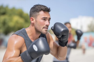 Sportsman practicing boxing outdoors in urban background wearing black boxing gloves