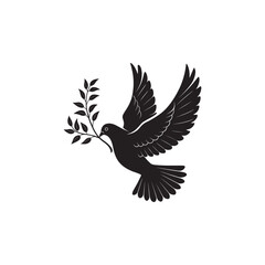  Black silhouette of a dove in flight carrying an olive branch on a white background