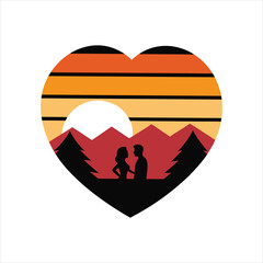 Fototapeta premium Vintage Mountain Scene with Couple and Heart Sunset T-Shirt Design Vector