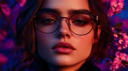 Fototapeta premium Woman glasses pink flowers portrait beauty fashion