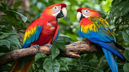 Two brightly colored macaw parrots perched on a branch surrounded by lush green foliage. Concept Macaw Parrots, Vibrant Colors, Tropical Foliage, Nature Photography, Exotic Birds