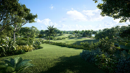Naklejka premium Tropical Golf Course Landscape View With Lush Greenery