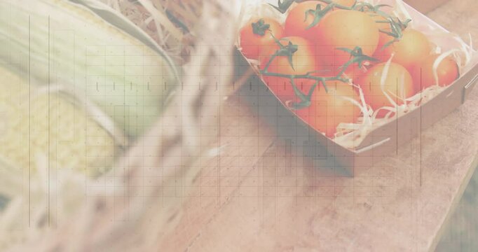 Fresh tomatoes and corn in baskets over grid pattern animation on wooden surface