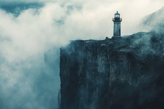 A lighthouse stands atop a cliff shrouded in fog and mist with a dark and moody atmosphere present