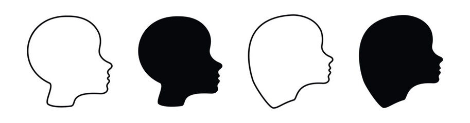 Set of black outline and silhouette profile faces of men, women. Minimalist graphic art of heads of children. Concept of Human Profile, Kids Art, Icons, Design Elements. Isolated on white background