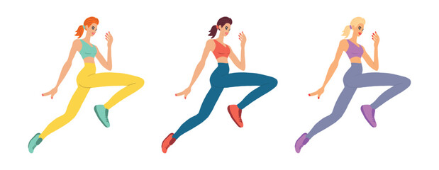 Set of Athletic Women Running in Sportswear. Clipart of Dynamic Fitness Art of Redhead, Brunette, and Blonde Females in Motion. Healthy Lifestyle, Active Training, Sport. Isolated on White background
