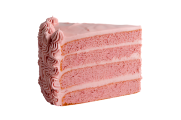 A Delectable Slice of Four-Layer Pink Cake with Swirled Frosting isolated on transparent background , cutout
