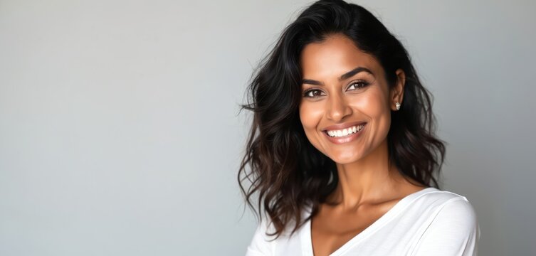 Beautiful mature Indian woman smiling on grey background. She wears white top. Happy female with perfect skin in her 50s or 60s looks healthy with cheerful expression. Cosmetology and beauty concept.