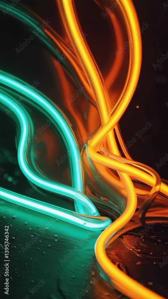 Poster  over interlacing colorful wave lines dotted with glittering particles, twisting and reflecting 