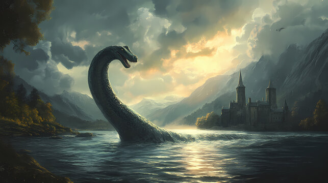 The legendary loch ness monster, the famed lake monster of loch ness in scotland, rears out of the waters of the lake. mysterious landscapes and legendary monsters. Fabled Waters. Illustration