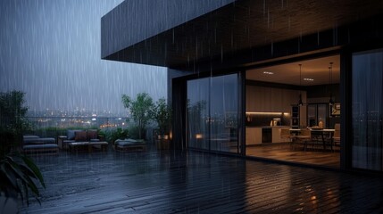 Rainy night city view from modern apartment terrace
