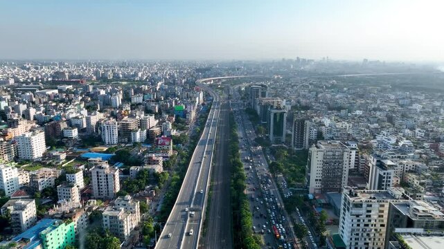 Modern Transportation in South Asia &ndash; Aerial Footage of Dhaka's Skyline, Expressway, and Urban Density