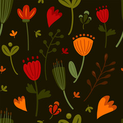 bright floral seamless pattern on dark background for textile, wrapping paper, print, summer clothes, bright colors, hand drawn, simple shapes, stylized flowers