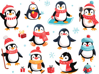 Cute Christmas Penguins Clipart – Winter Holiday Animals in Hats and Scarves with Snowflakes, Festive Cartoon Illustration for Kids Cards and Seasonal Designs.