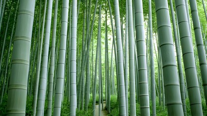 Obraz premium A serene bamboo forest with tall, green stalks creating a natural pathway through the dense foliage. Concept Bamboo Forest Serenity, Natural Pathway, Lush Greenery, Tranquil Atmosphere, Dense Foliage