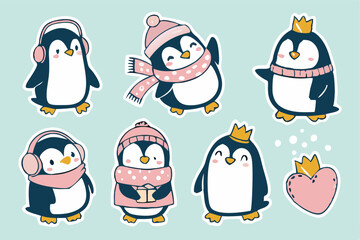 Cute Christmas Penguins Clipart – Winter Holiday Animals in Hats and Scarves with Snowflakes, Festive Cartoon Illustration for Kids Cards and Seasonal Designs.