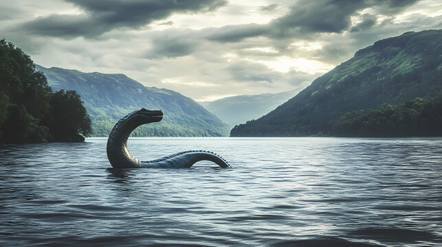 The legendary loch ness monster, the famed lake monster of loch ness in scotland, rears out of the waters of the lake. mysterious landscapes and legendary monsters. Fabled Waters. Illustration