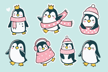 Cute Christmas Penguins Clipart – Winter Holiday Animals in Hats and Scarves with Snowflakes, Festive Cartoon Illustration for Kids Cards and Seasonal Designs.