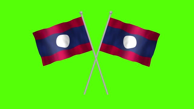 Flag of Laos, Cross table flag of Laos on Green screen chroma key, Laos 3D Animation flag waving in the wind isolated on Green Background. 
