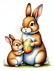 Cute Easter bunnies holding decorated egg on white background