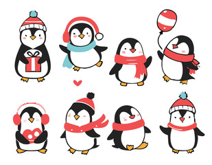 Cute Christmas Penguins Clipart – Winter Holiday Animals in Hats and Scarves with Snowflakes, Festive Cartoon Illustration for Kids Cards and Seasonal Designs.