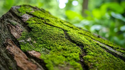 A close-up view of moss growing on a tree trunk, set against a blurred green background in nature. Concept Moss Growth, Tree Trunk Texture, Nature Close-Up, Green Background Blur, Forest Details