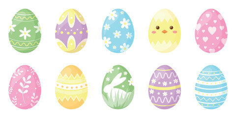 Easter eggs collection isolated on white background. Happy Easter set. Easter eggs with different decorative patterns and colours. Spring icons. Flat design. Cute Easter eggs. Vector illustration.