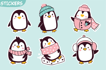 Cute Christmas Penguins Clipart – Winter Holiday Animals in Hats and Scarves with Snowflakes, Festive Cartoon Illustration for Kids Cards and Seasonal Designs.
