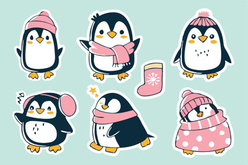 Cute Christmas Penguins Clipart – Winter Holiday Animals in Hats and Scarves with Snowflakes, Festive Cartoon Illustration for Kids Cards and Seasonal Designs.