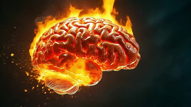 A fiery brain symbolizing intense creativity and passion, set against a dark background with glowing embers