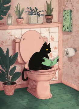 Un gato negro est&aacute; sentado en un inodoro rosa leyendo un libro. Hay plantas y una toalla en el fondo.