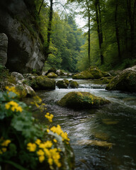 Obraz premium mountain river in the forest, stream in the forest, river in the forest, spring in the river, summer in the river, yellow flowers on the river, yellow flowers in the water, nature's beauty photo